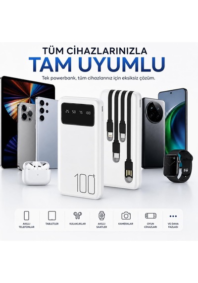 Hp-tp04 Titan Series 10.000 Mah Dahili 4 Kablolu Qualcomm Quick Charge 3.0 Dijital Ekranlı Hızlı Şarj Powerbank - Beyaz