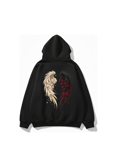 Uyguntarz Unisex Yumuşak Dokulu Güllü Kanat Baskılı Tasarım Oversize 3 İplik Hoodie Sweatshirt siyah