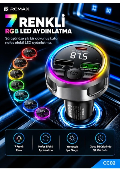 48w Rgb Işıklı Fm Transmitterli Araç Şarj Cihazı S