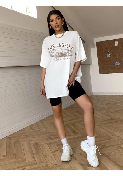 Flood Of Style Kadın Beyaz Los Angeles Baskılı Oversize Bisiklet Yaka Tshirt