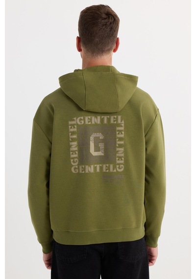 Tudors Erkek Oversize Geniş Kesim Pamuklu Baskılı Yeşil Kapüşonlu Sweatshirt-37295 Yeşil