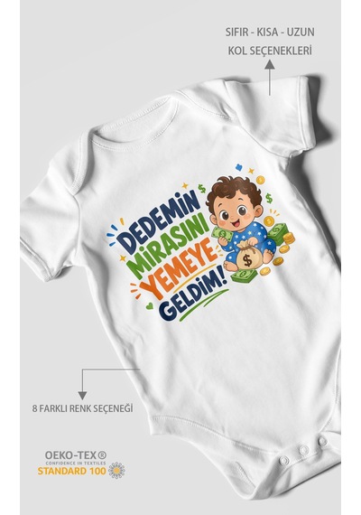 Morivokids Dedemin Mirasını Yemeye Geldim Kısa Kollu Bebek Body %100 Pamuk Beyaz