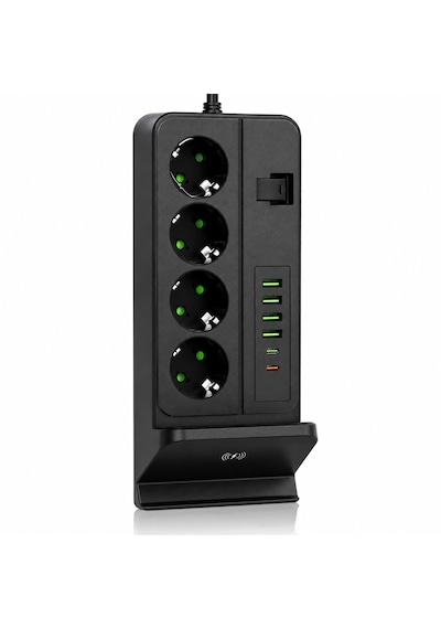 4'lü Akım Korumalı Masaüstü Priz 4 Usb-a + 2 Type-c Hızlı Şarj Kablosuz Şarj Standlı 2 Metre Kablolu Çoklu Priz 0 - 2 M
