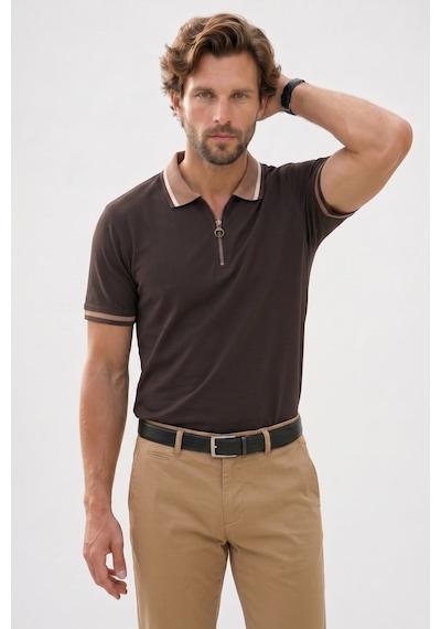 Tudors Erkek Slim Fit Dar Kesim %100 Pamuk Kısa Kollu Yarım Fermuarlı Kahverengi Polo Yaka Tişört-50746