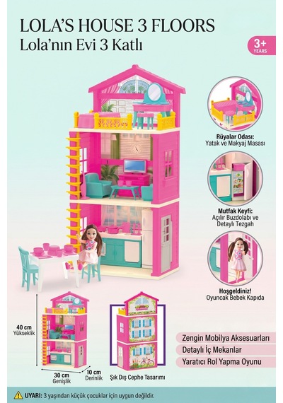 Lola'nın Evi 3 Katlı Mobilyalı Ve Bebekli Oyuncak Ev Seti 40 Cm