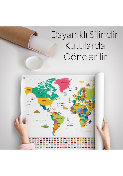 Türkçe Ülke Bayraklı Eğitici Başkent Detaylı Atlası Dünya Haritası Duvar Örtüsü-halısı 3860