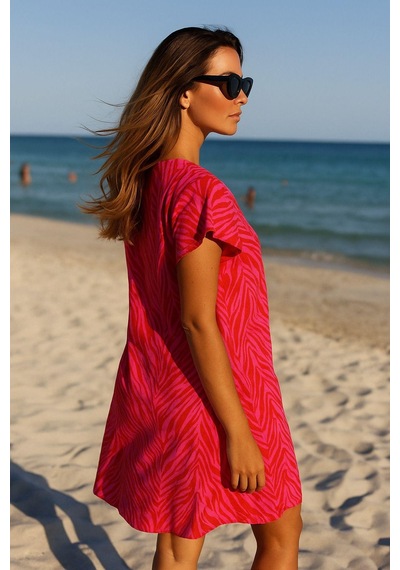 Rich Kadın Fuşya Zebra Desenli Oversize Plaj Elbisesi - V Yaka Rahat Kesim Yazlık Pareo Elbise Fuşya Rich Kadın Fuşya Zebra Desenli Oversize Plaj Elbisesi - V Yaka Rahat Kesim Yazlık Pareo Elbise Fuşya