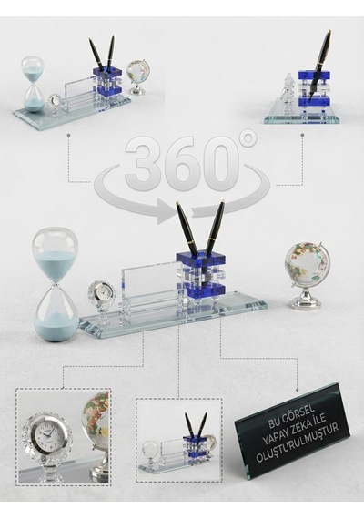 3 Lü Ofis Seti Mavi Kristal Kartvizitlik Büyük Boy Renkli Dünya Küresi Ve Mavi Kum Saati Hediye Seti Çok Renkli