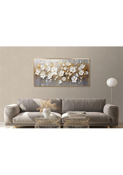 Yağlı Boya Dokulu Tablo Spatula Beyaz Papatyalar Altın Çerçeveli U02014-178869