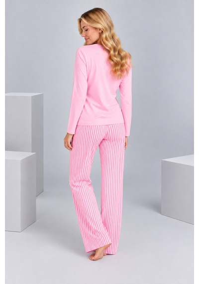Pijamask Kadın Pembe Ayıcık Detaylı Çizgili Bol Paça Pamuklu Pijama Takımı Pudra