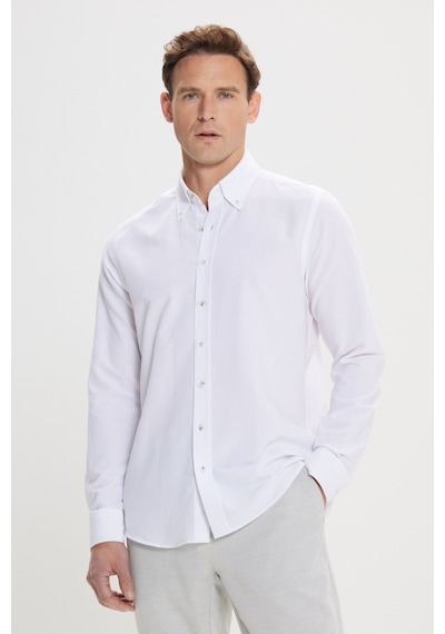 Erkek Beyaz Slim Fit Dar Kesim Düğmeli Yaka Pamuklu Oxford Gömlek Beyaz