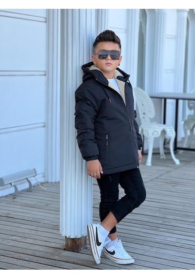 Pina Kids Erkek Çocuk Kapüşonlu İçi Kürklü Mont Km3050 Siyah