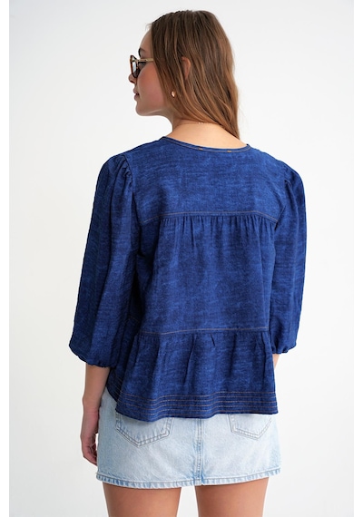 Mixray 4704 Kadın Fırfırlı Balon Kol Kısa Denim Bluz Lacivert
