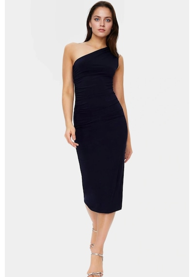 Ersefa Bodycon Midi Elbise Kolsuz Tek Omuz Örme Kumaş Günlük Şık Dayanık Lacivert