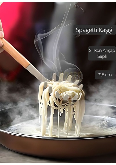 Silikon Spagetti Kaşığı Mutfak Kaşık Ahşap Saplı 31,5 Cm Siyah