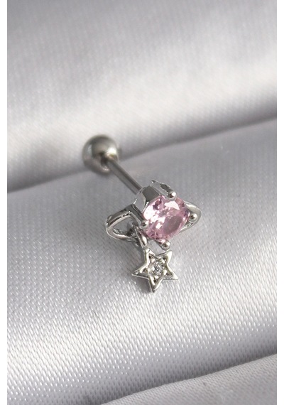 Ceylan Adam 316l Çelik Gümüş Renk Pembe Zirkon Taşlı Sallantı Yıldız Detay Tragus Piercing Çok Renkli