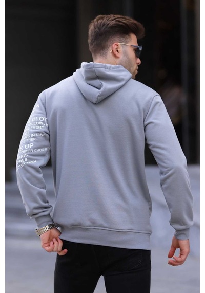 Madmext Boyalı Gri Baskılı Kapüşonlu Sweatshirt 6009 Boyalı Gri