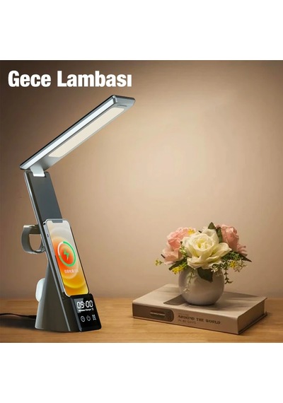Ally Dijital Saatli 15w Kablosuz Şarjlı Led Işıklı Katlanabilir Masa Lambası- 5775 Renkli