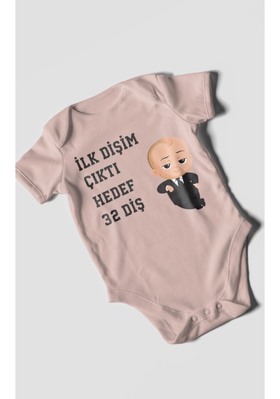 Morivokids İlk Dişim Çıktı Hedef 32 Diş Kısa Kollu Bebek Body Pastel Pembe
