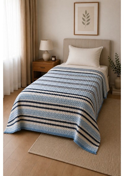 Tek Kişilik Pamuklu Pike 175x215 Cm Püsküllü Dokuma Yatak Örtüsü Çizgili Mavi