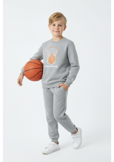Fyk Kids 3 İplik Kalın Yuvarlak Yaka Basketbol Potası Baskı Detaylı Kışlık Erkek Çocuk Eşofman Takımı Gri
