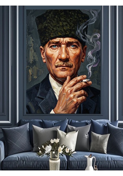 Kalpaklı Ve Sigara İçen Atatürk Dekoratif Kanvas - Mdf Ahşap Tablo