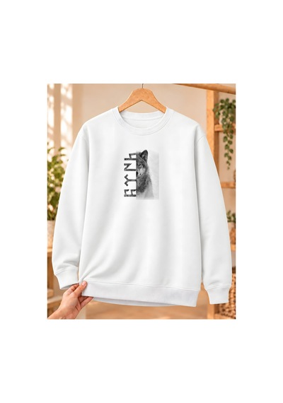Mor Mürekkep Kadın Fotoğrafik Yarım Bozkurt Ve Göktürk Yazısı Baskılı Bisiklet Yaka Sweatshirt - Beyaz