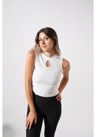 Ckm Moda Chester Yüksek Kalite Kadın Yaka Detaylı Fitilli Crop Örme Bluz Beyaz