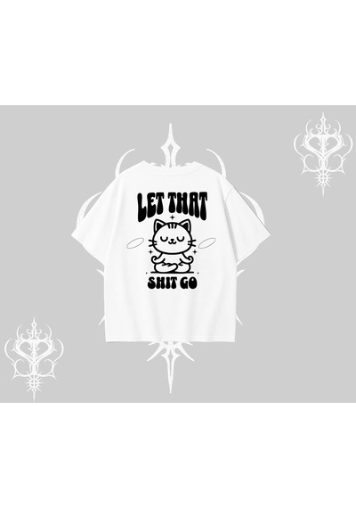Tarzsokak Meditasyon Yapan Kedi Baskılı Oversize Tshirt Beyaz