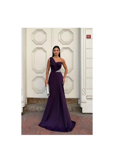 DefyModa Kadın El Emeği Tek Omuz Taş Detaylı Abiye Elbise Mor