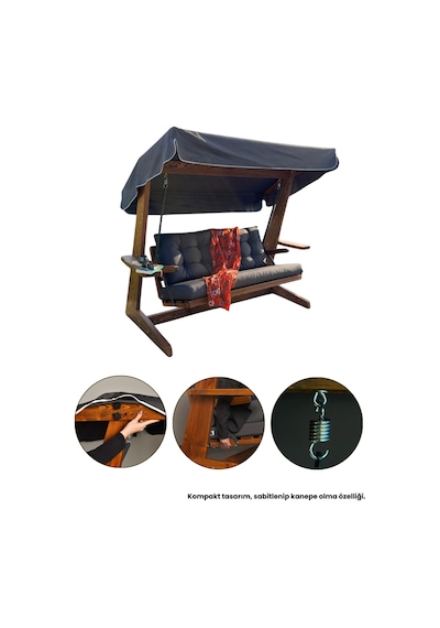 Aida Swings Viva 2200 3 Kişilik Ahşap Bahçe Salıncağı, Balkon Teras Dış Mekan Salıncağı Antrasit