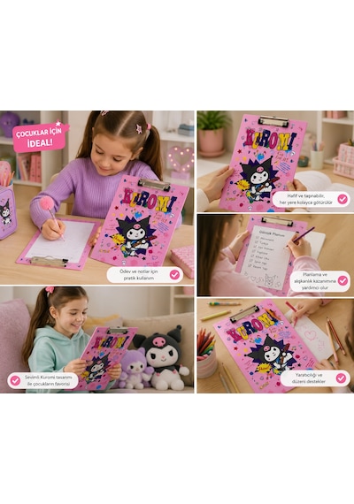 Bakgelal Sanrio Lisanslı Kuromi Sekreterlik A4 Boy Metal Klipsli Evrak Tutucu Yazı Altlığı Pembe