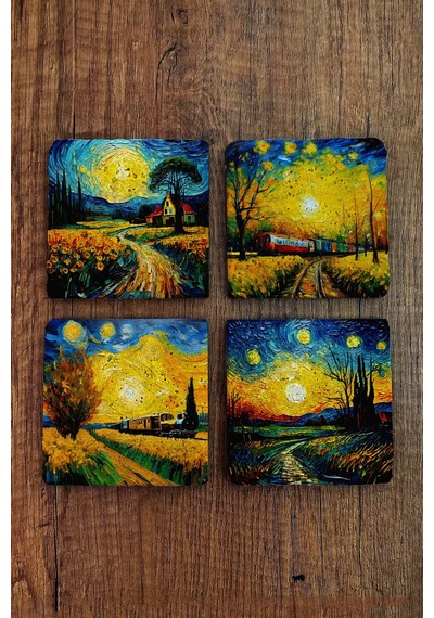 Doğal Taş Bardak Altlığı 4'lü Set 10x10x1 Cm Yapay Zeka Desenleri Desenleri -stone Coasters Çok Renkli