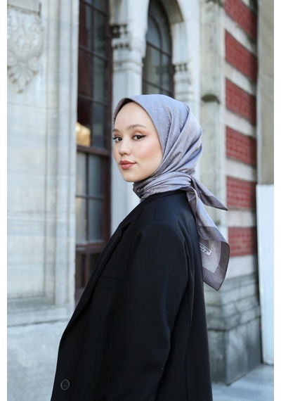 Eşarp - Premium Lux Original Monogram Eşarp İpek Vual, Yüksek Kalite, Hafif, Rahat, Şık, Scarf Gri Füme Şeritli