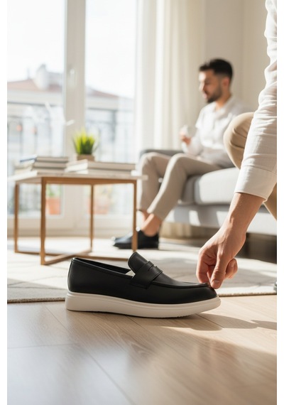 Enoch Deri Siyah Klasik Casual Loafer Beyaz Tabanlı Siyah