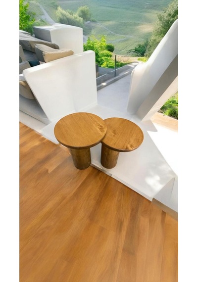 Wood Ahşap 2 Li Set Mantar Tik Ağacı Renk Yan Sehpa Modern Fiskos / Çiçeklik / Zigon Ceviz