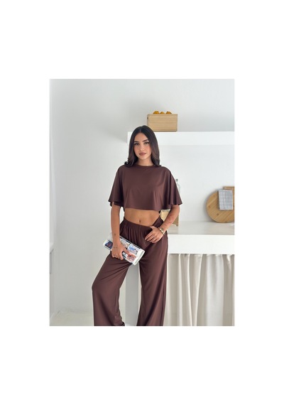 Gugus Yazlık Takım - Alt Üst Kadın Dokulu Kumaş -baggy Pantolon + Salaş Üst Kahverengi Gugus Yazlık Takım - Alt Üst Kadın Dokulu Kumaş -baggy Pantolon + Salaş Üst Kahverengi