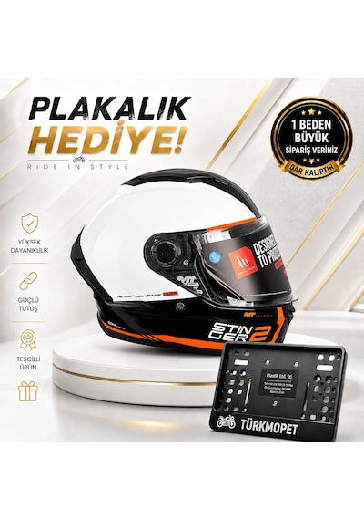 Mt Helmets Stinger 2 Solid Güneş Vizörlü Full Face Kapalı Kask + Plakalık Siyah