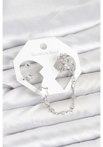 Pirinç Gümüş Renk Yıldız Model Zincir Bağlantılı Ear Cuff Küpe Seti Altın