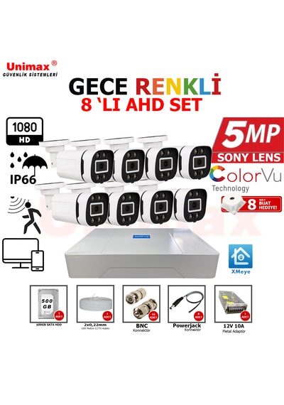 5mp Sony Lens 8 Kameralı Güvenlik Seti 100m Kablo 30m Gece Renkli Görüş Xmeye
