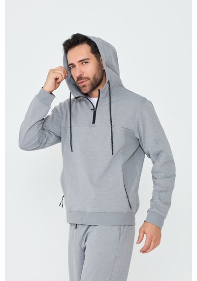White Stone Gri Kapüşonlu Yarım Fermuarlı Yandan Cepli Erkek Sweatshirt Grey