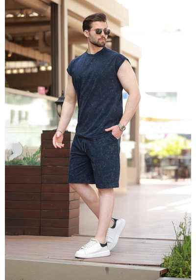 Madmext Lacivert Basic Erkek Yırtık Detaylı Şort T-shirt Takım E7319
