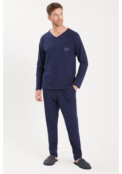 Tudors Erkek Standart Fit %100 Pamuk V Yaka Beli Lastikli Lacivert Pijama Takımı-37940 Lacivert