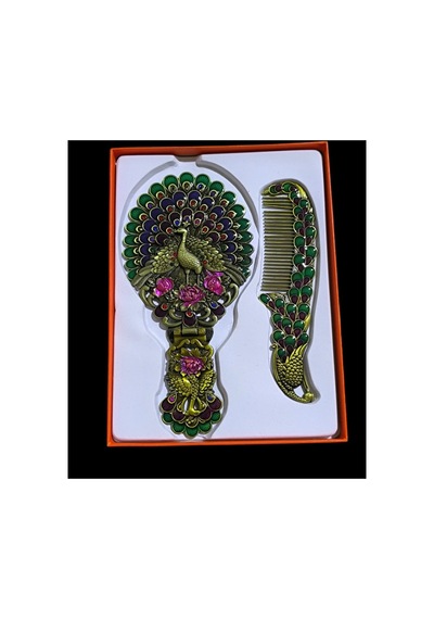 Tavuskuşu Desenli El Aynası & Tarak Takımı Büyük Boy Taşlı, Şık Ve Dekoratif 2 Li Set 727618591