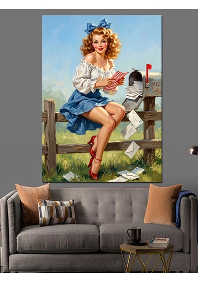 Mektup Okuyan Pin-up Kız Dekoratif Kanvas - Mdf Ahşap Tablo