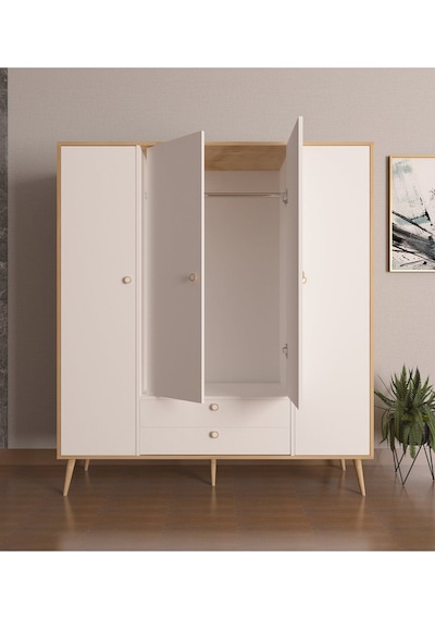 Floradesign Tema Elbise Dolabı 4 Kapaklı Çekmeceli Dolap Gardırop /beyaz Meşe