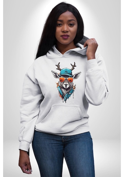 Güneş Gözlüğü Savaşcı Geyik Kadın Erkek Beyaz Kapüşonlu Sweatshirt Hoodie Beyaz