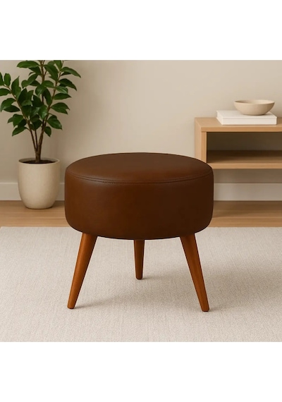 Waterybrook Suni Deri Puf - Ceviz Ahşap Ayaklı - Retro Modern Tasarım & Dekoratif Sehpa Acı Kahverengi