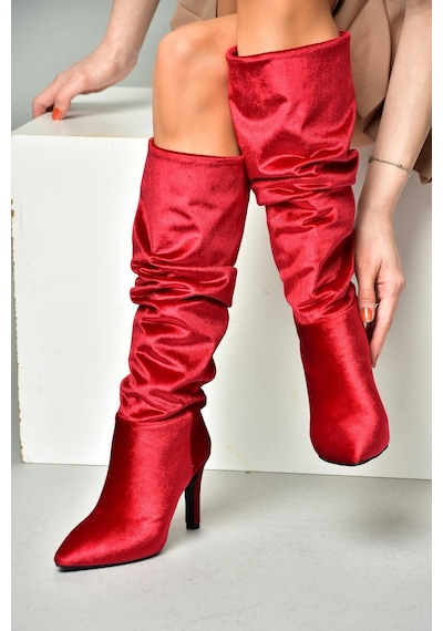 Fox Shoes L404868039 Bordo Kadife İnce Topuklu Kadın Çizme Bordo