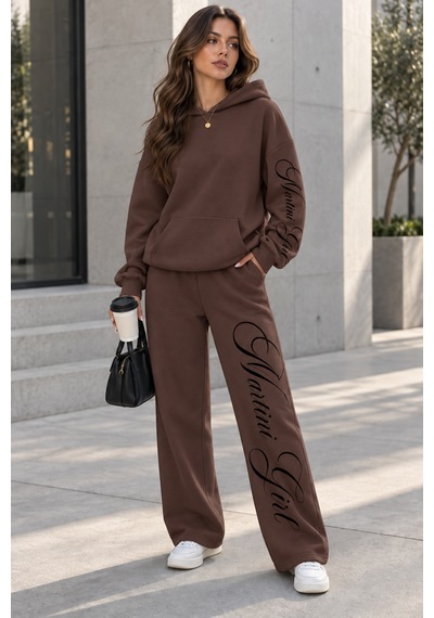Macklin Unisex Kadın Erkek Martini Girl Kol Paça Baskılı Oversize 3 İplik Kapüşonlu Sweatshirt Ve Baggy Eşofman Altı Kahverengi